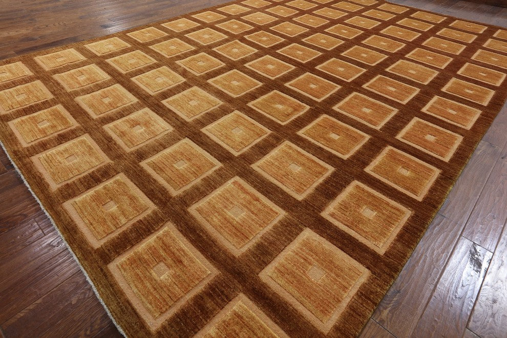 Modern Orange Geometric Gabbeh Hand-Knotted Wool Rug, 10'x15'