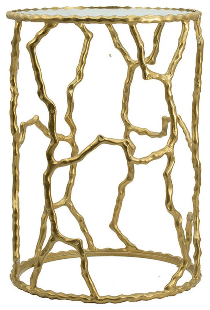 24 Inch Round Accent Table, Intricate Metal Twig Inspired Open Frame, Gold