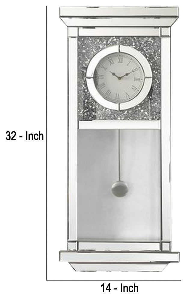 Benzara BM268980 Pendulum Wall Clock With Mirror Trim and Molded Design, Silver