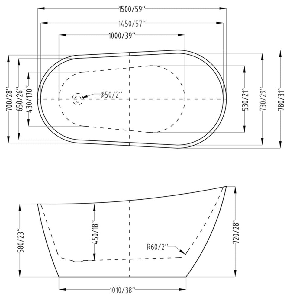 59" x 31" Acrylic Freestanding Soaking Single Slipper Bathtub in White