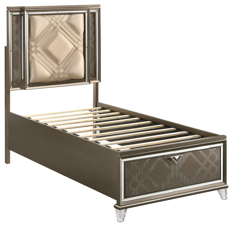 ACME Skylar Twin Bed With Storage, LED, PU and Dark Champagne