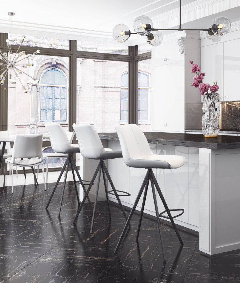 Bar Stool Chair Barstool, Set of 2, Faux Vinyl Leather, Steel, White, Black