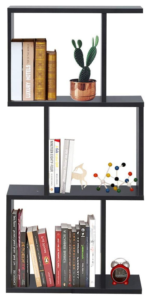 3-Tier Bookshelf S Shaped Bookcase, Free Standing Industrial Storage Rack