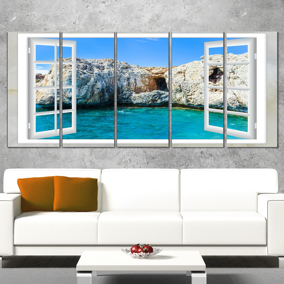"Window Open To Sunny Summer Sea" Seashore Wall Art, 5 Panels, 60"x28"