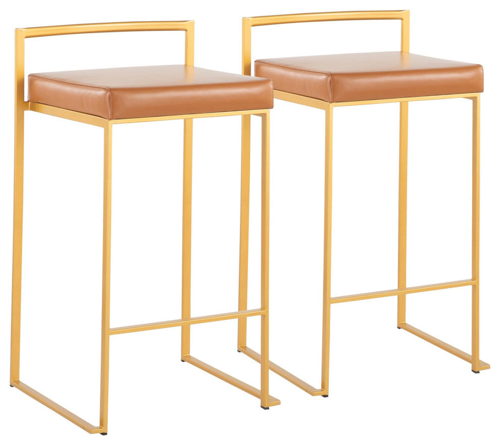 Fuji Stackable Stool, Gold With Camel Faux Leather, Set of 2, Counter Stool