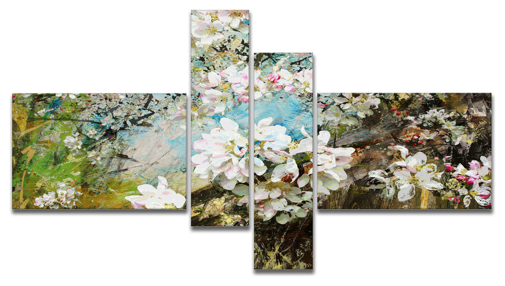 Apple Blossoms With White Flowers, Floral Art Canvas Print, 60"x32", 4 panels