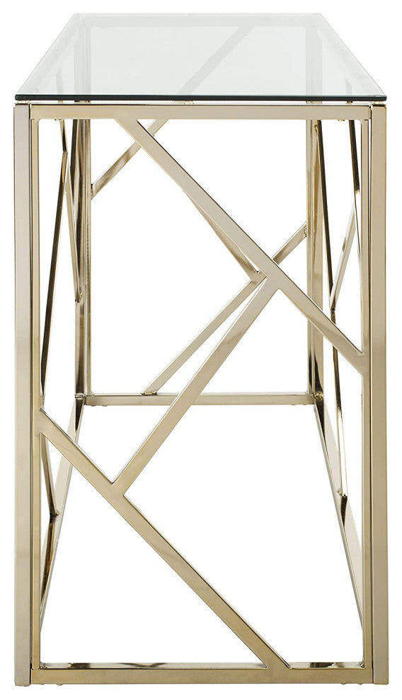 Contemporary Console Table, Geometric Frame With Tempered Glass Top, Brass
