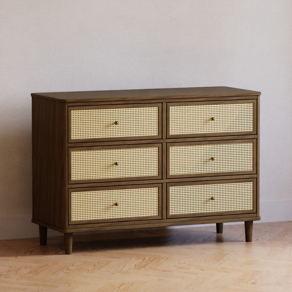 Marin With Cane 6 Drawer Assembled Dresser, Natural Walnut/Blonde Cane