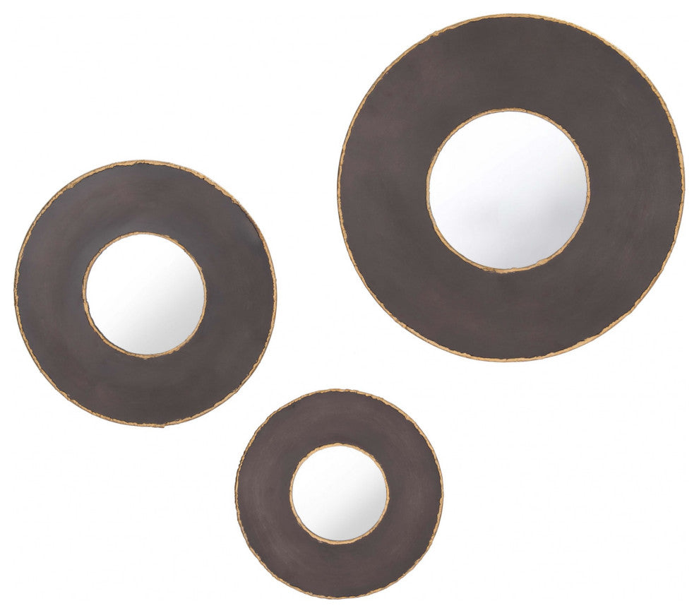 Set of 3 Matte Black and Antiqued Gold Round Mirrors