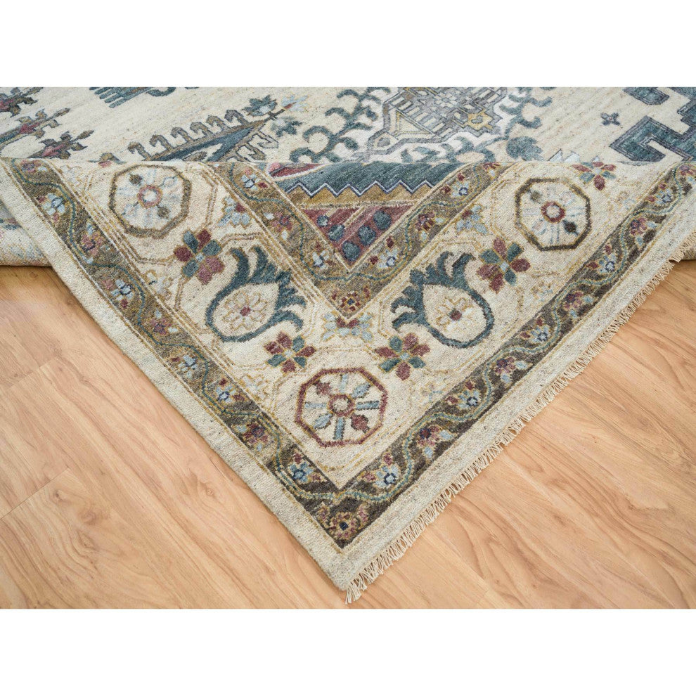 Ivory Hand Knotted Reimagined Viss Design 100% Wool Oriental Rug, 10'x14'