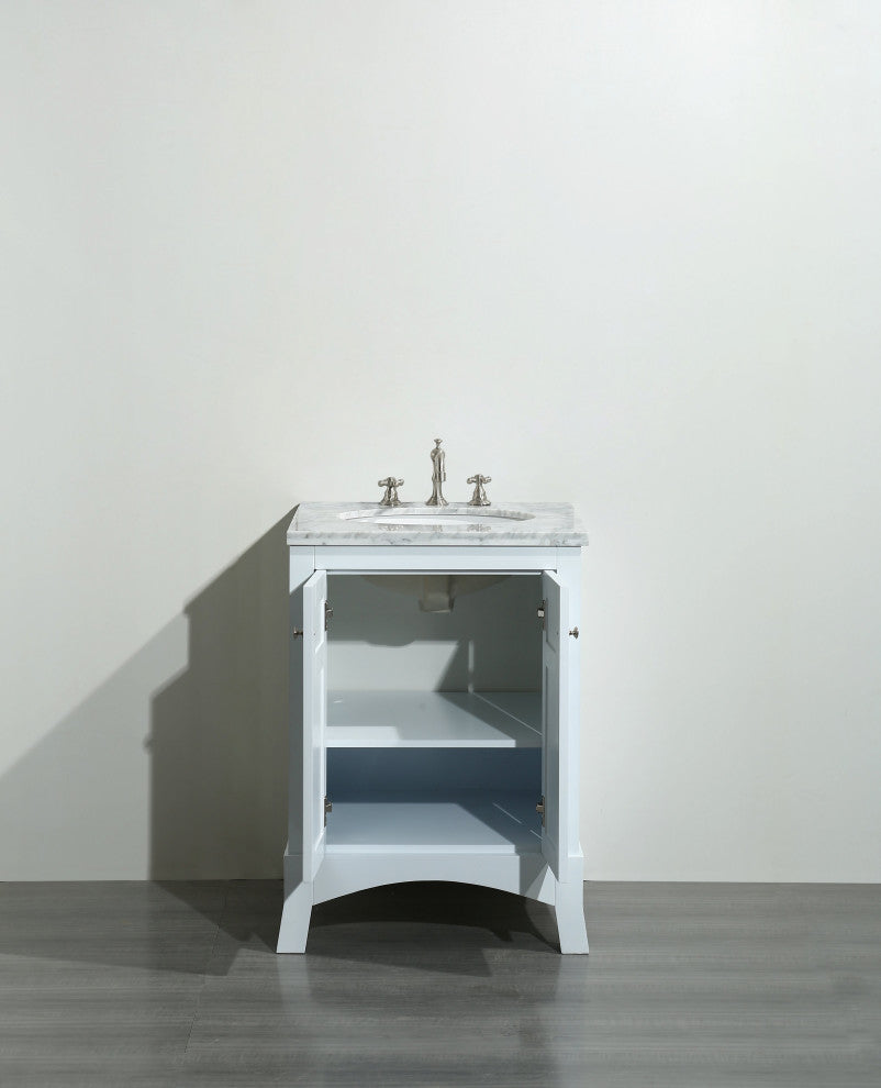 Eviva New York 24" White Bathroom Vanity, With White Marble Carrera Top and Sink