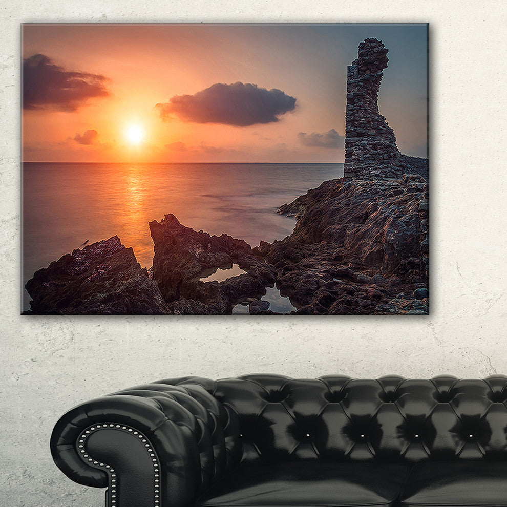 "African Ancient Ruins At Seashore" Oversized Beach Canvas Artwork, 32"x16"