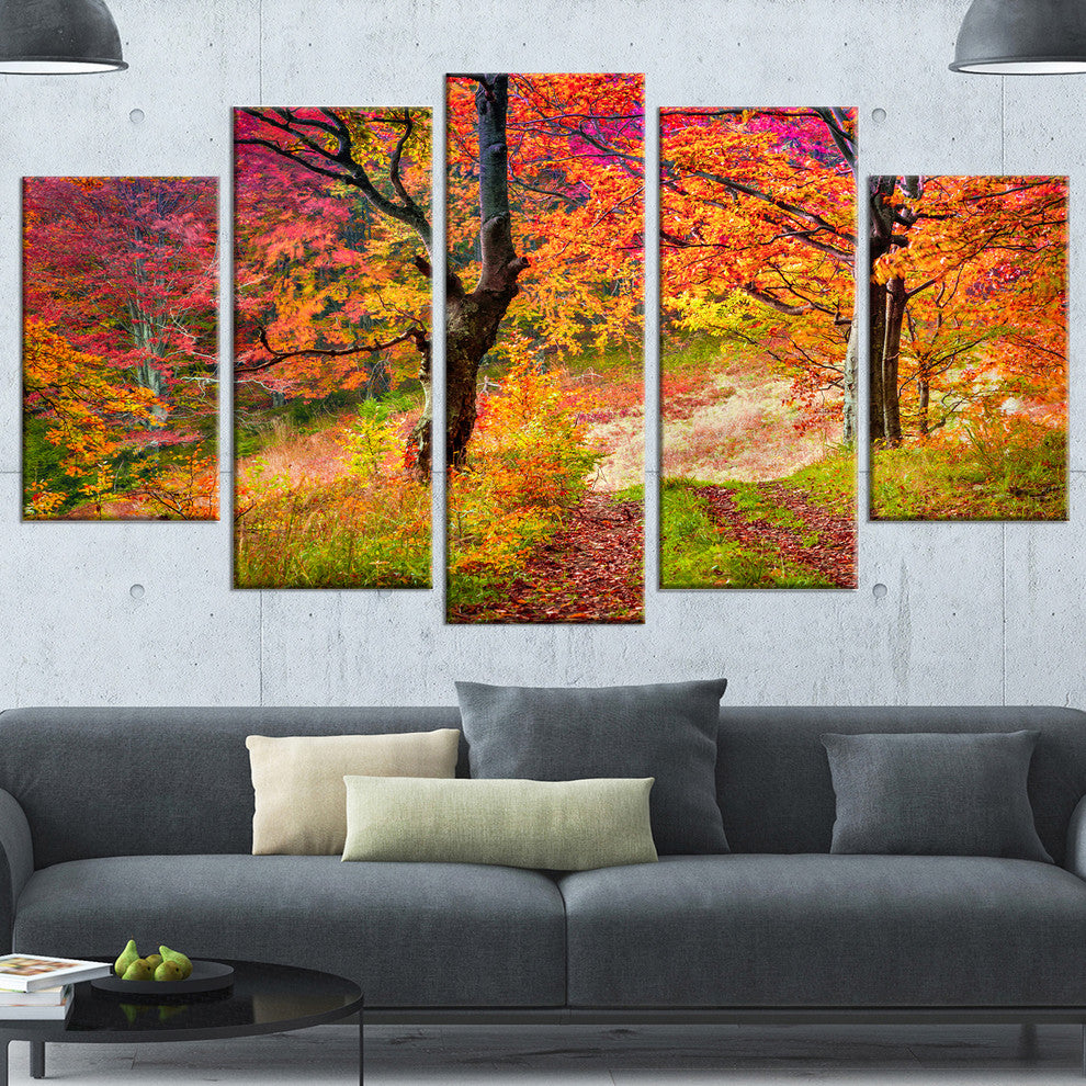 Bright Colorful Fall Trees in Forest, Landscape Canvas Print, 60"x32", 5 Panels