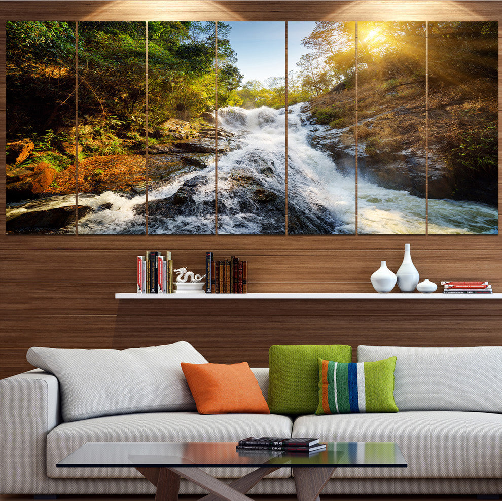 Waterfall through the Forest, Landscape Canvas Art Print, 83"x32", 7 Panels
