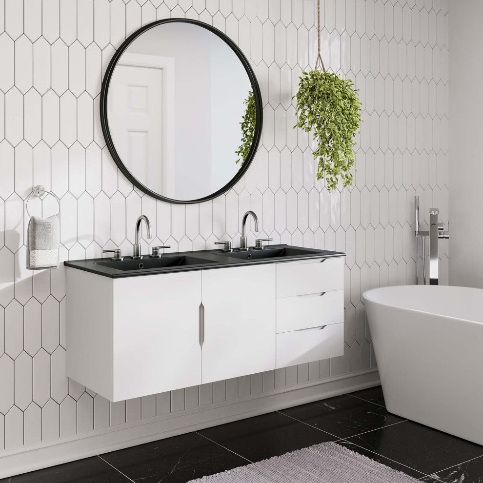 Double Sink Vanity Cabinet, Black White, Ceramic, Modern, Hotel Bathroom