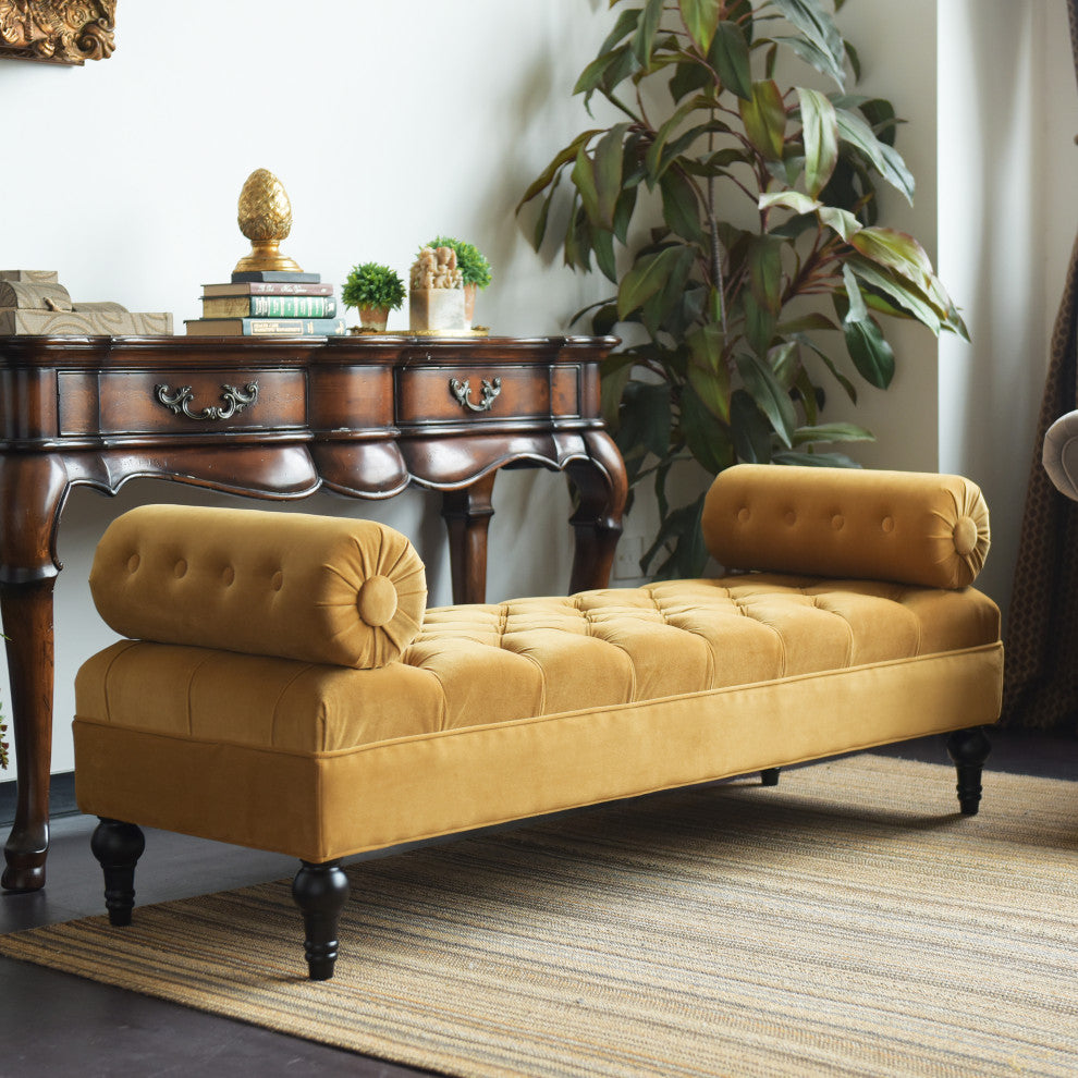 Lewis 60" Tufted Bolster Arm Entryway Bench, Gold Velvet