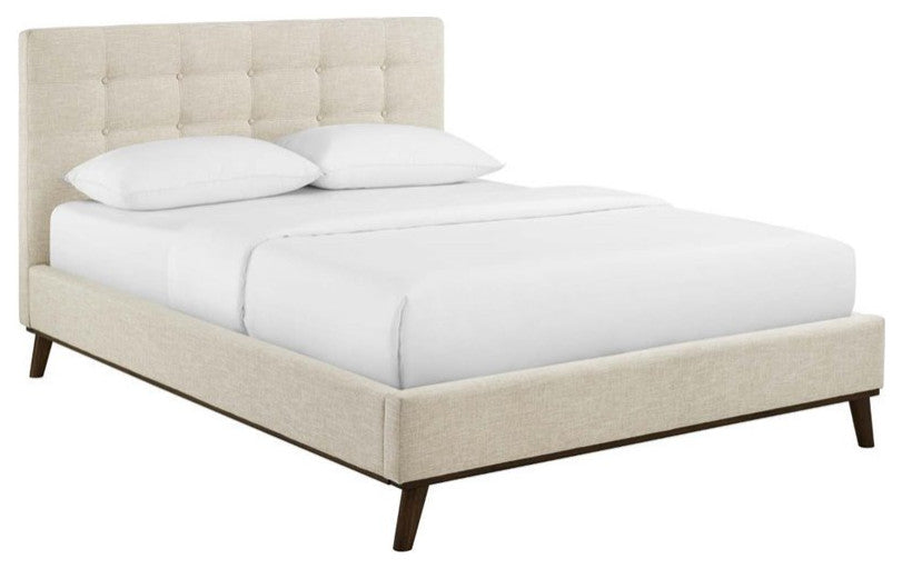 Beige McKenzie Queen Biscuit Tufted Upholstered Fabric Platform Bed