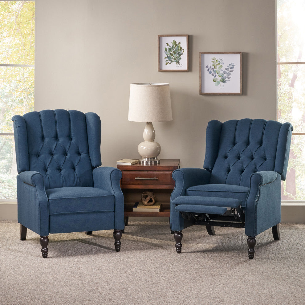 GDF Studio Xanthe Tufted Fabric Recliner, Set of 2, Navy Blue and Dark Brown