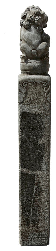 Chinese Pair Gray Stone Fengshui Foo Dogs Lion Slim Pole Statues Hcs7665