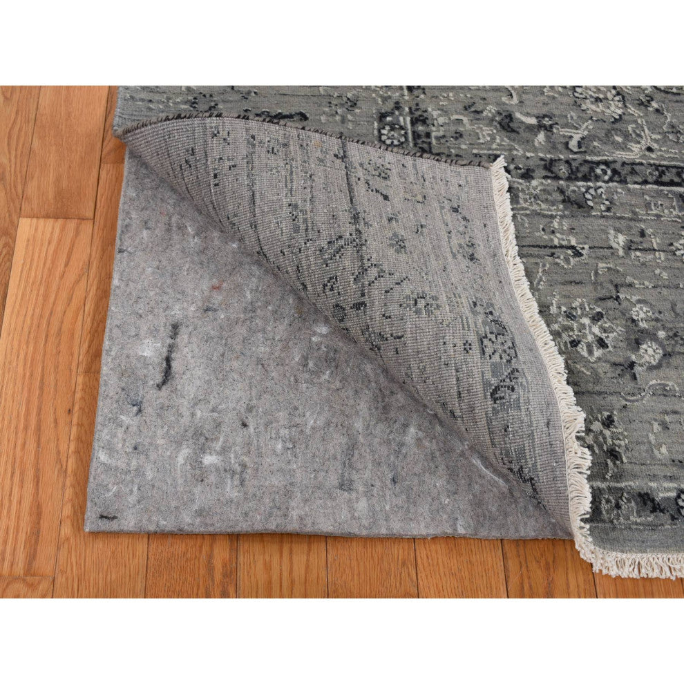 Gray, Broken Persian Erased Design, Silk With Wool Hand Knotted Rug, 6'x9'