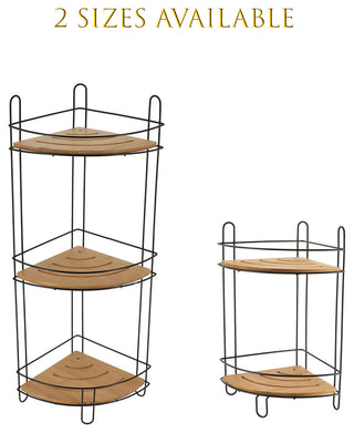 Corner Bathroom Organizer Storage Tower 3 Shelves Bamboo Metal, Bamboo/Black