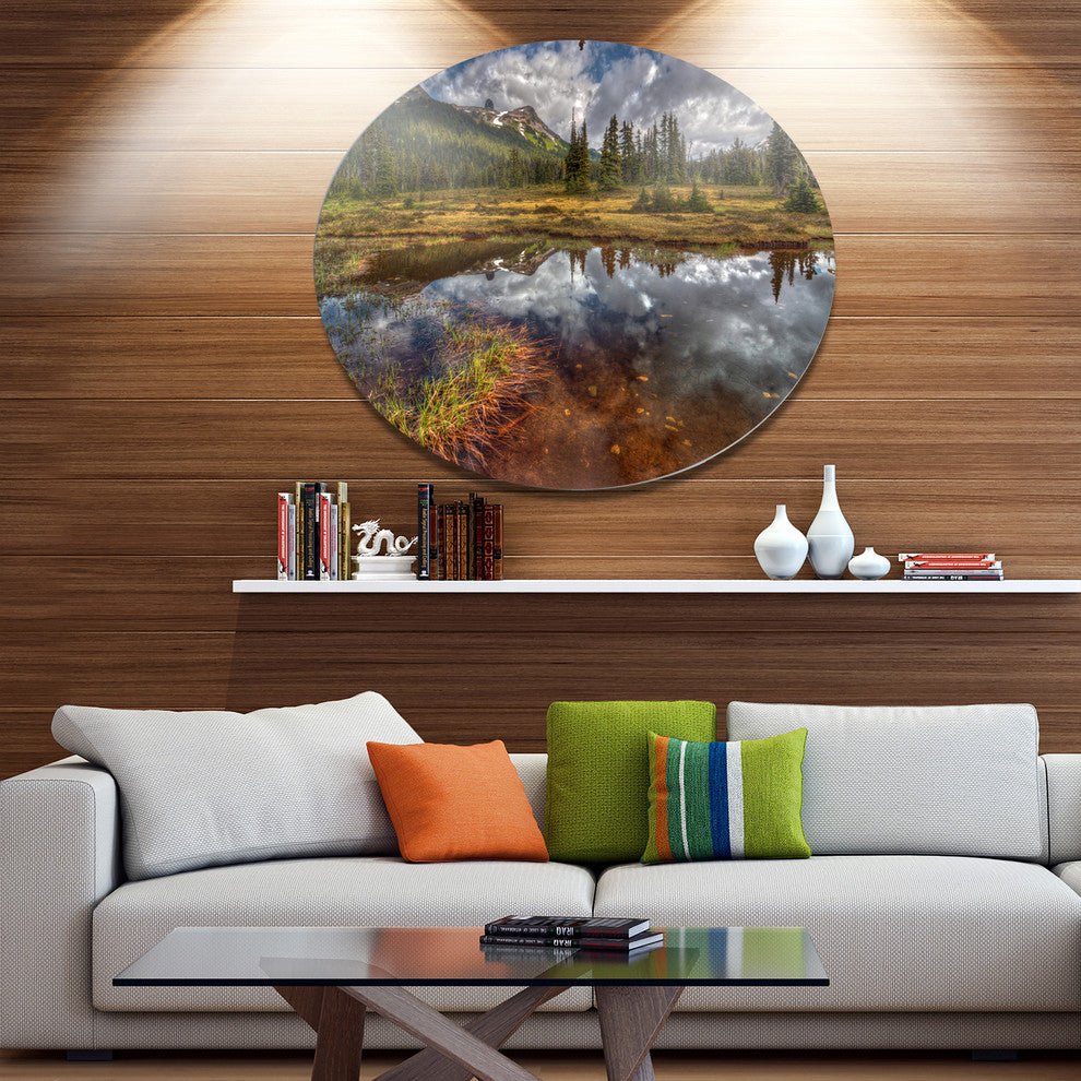 Shallow Lake Under Cloudy Sky, Landscape Art Disc Metal Wall Art, 11"