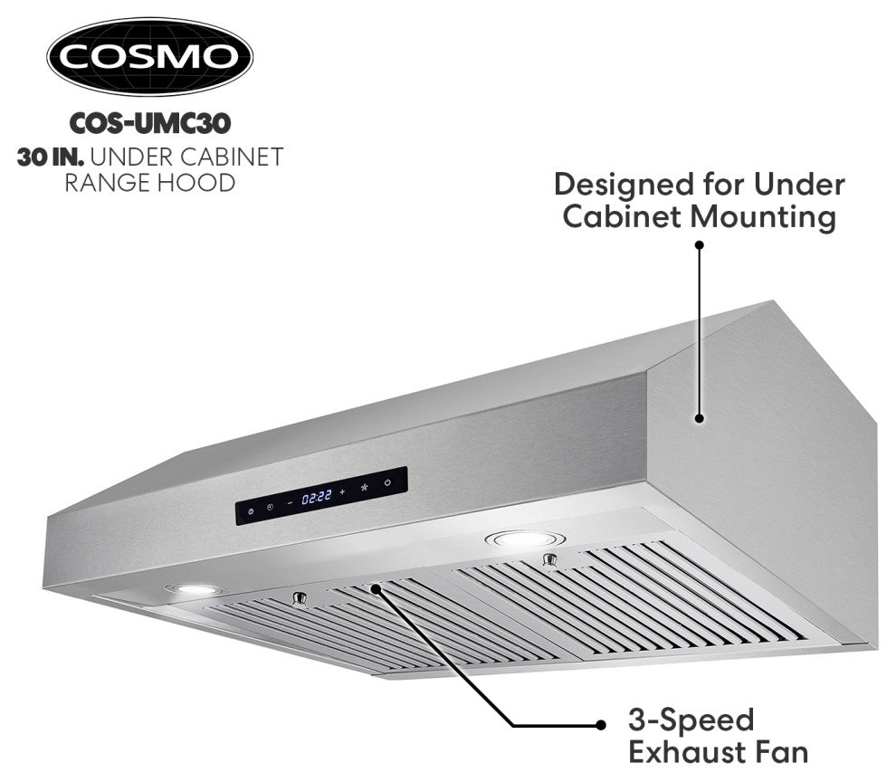 Cosmo 30" 380 CFM Under Cabinet Range Hood With Touch Screen and Carbon Filters