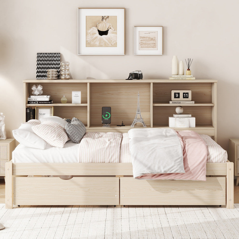 Gewnee Twin Size Bed Frame With Side Bookshelves