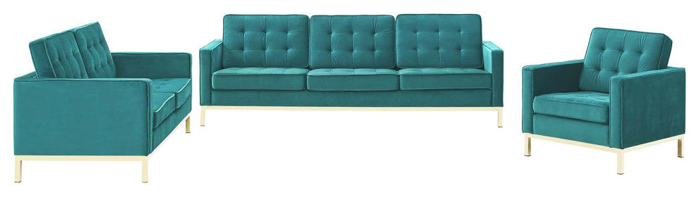 Armchair and Loveseat Sofa Set, Velvet, Gold Teal Blue, Modern, Lounge