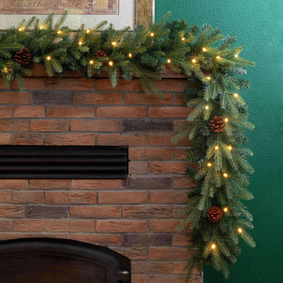 2pk 9ft Pre-Lit Greenery Pine Cone Christmas Garland, With Warm White LED Lights