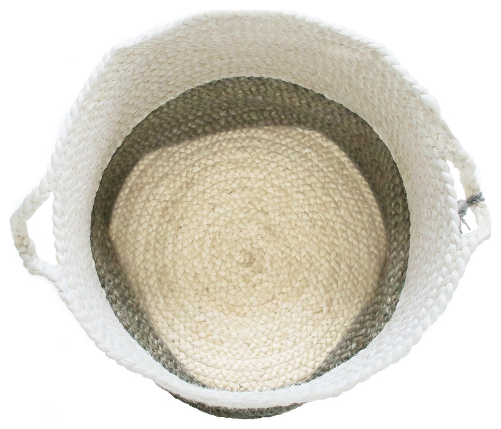 Two-Tone Off-White Jute Decorative Basket With Handles, Frost Gray, 17"