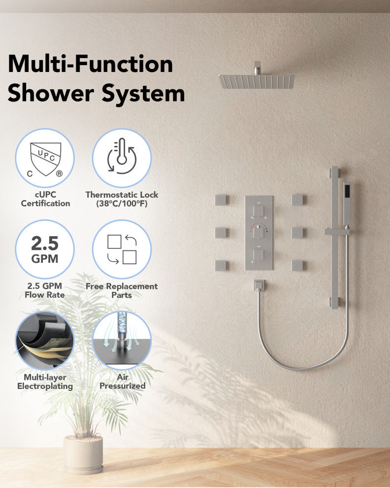 Thermostatic Shower Faucet 12" Rain Shower Head with Handheld Slide Bar System, Brushed Nickel