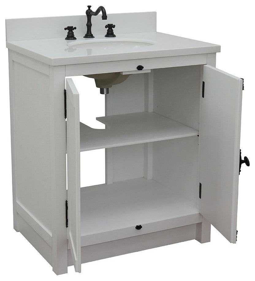 30" Single Vanity, Glacier Ash, White Engineered Stone Top, Oval Sink