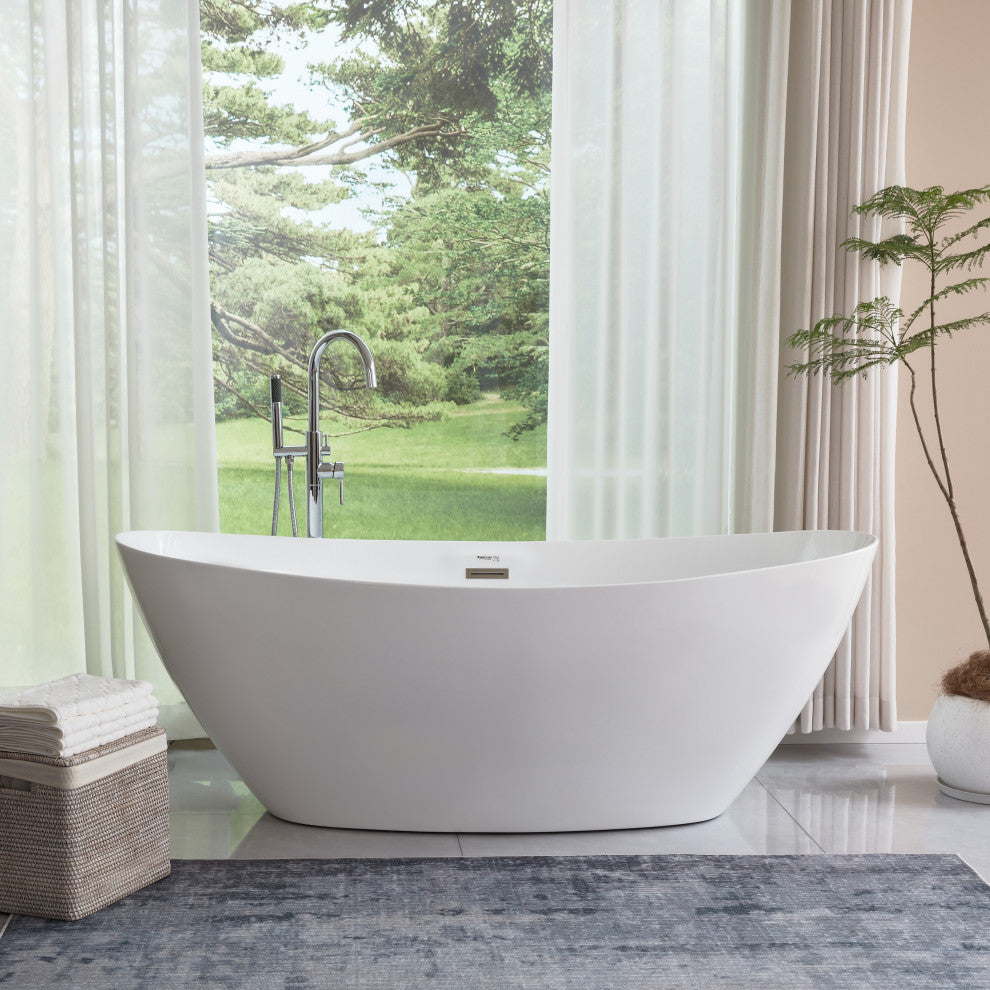Vanity Art 71" x 33" Acrylic Freestanding Soaking Bathtub, White/Classic Chrome