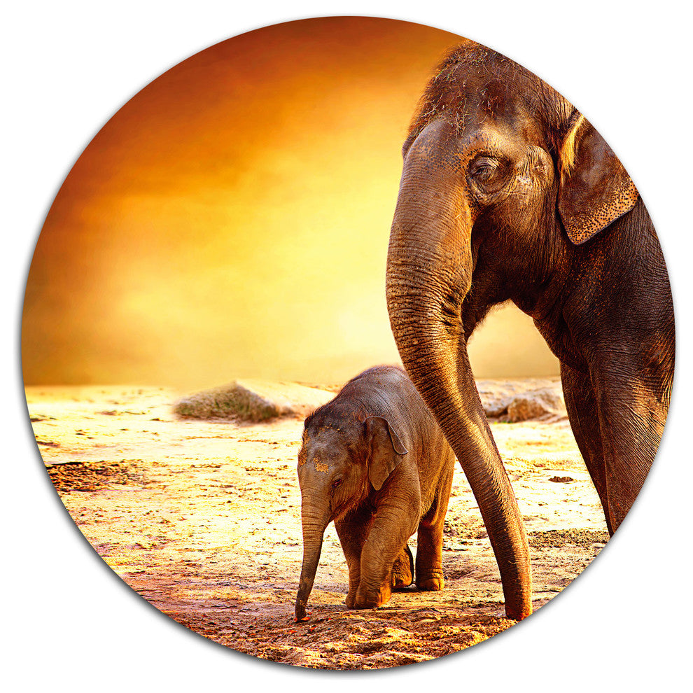Elephant Mother And Baby Outdoors, African Disc Metal Wall Art, 36"