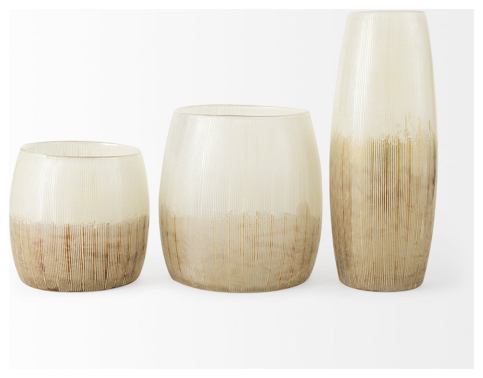 9" Creamy White and Gold Ombre Striped Long Glass Vase