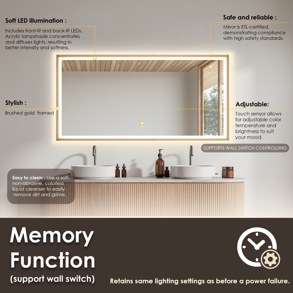 Apollo Anti-Fog Dimmable Vanity, LED Lighted Wall Mirror, Brushed Gold, 60"