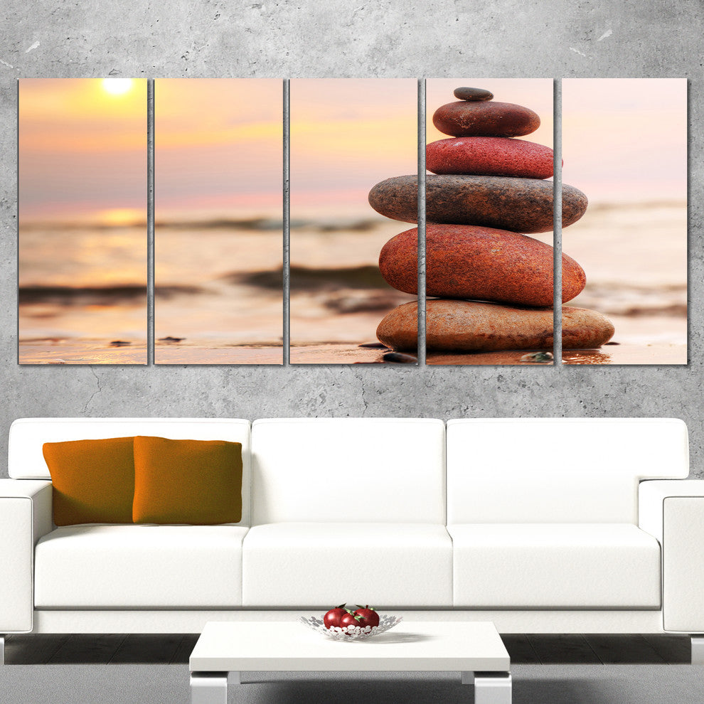 Stones Pyramid on Sand Symbolizing Zen, Landscape Canvas Art, 60"x28", 5 Panels