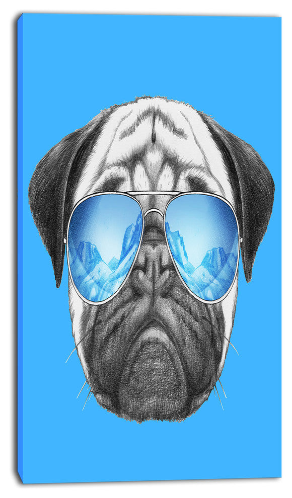 Pug Dog with Mirror Sunglasses, Animal Canvas Art Print, 16"x32"