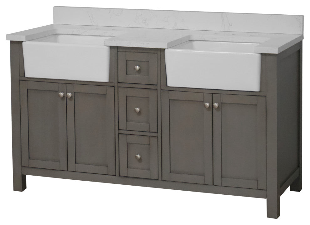 Yorkshire 60" Bathroom Vanity, Weathered Gray, Engineered Marble, Double