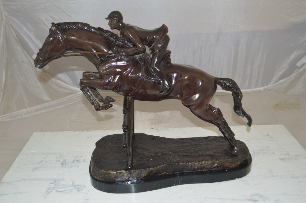 Jockey With Horse Jumping Over Hurdle Bronze Statue Medium  23"L x 10"W x 16"H