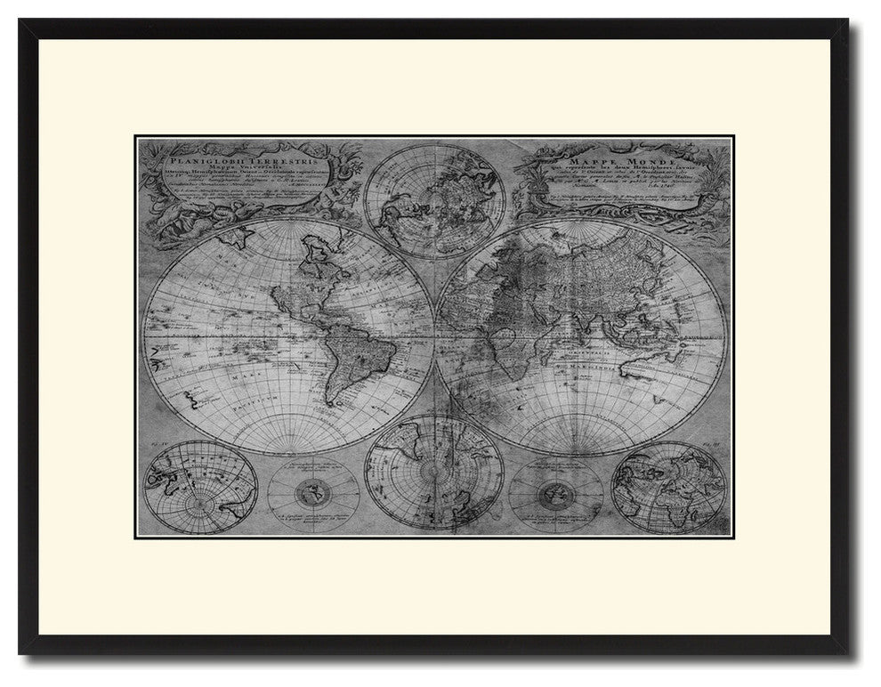 World Vintage Map Print On Canvas With Black Custom Frame, 16" X 21"