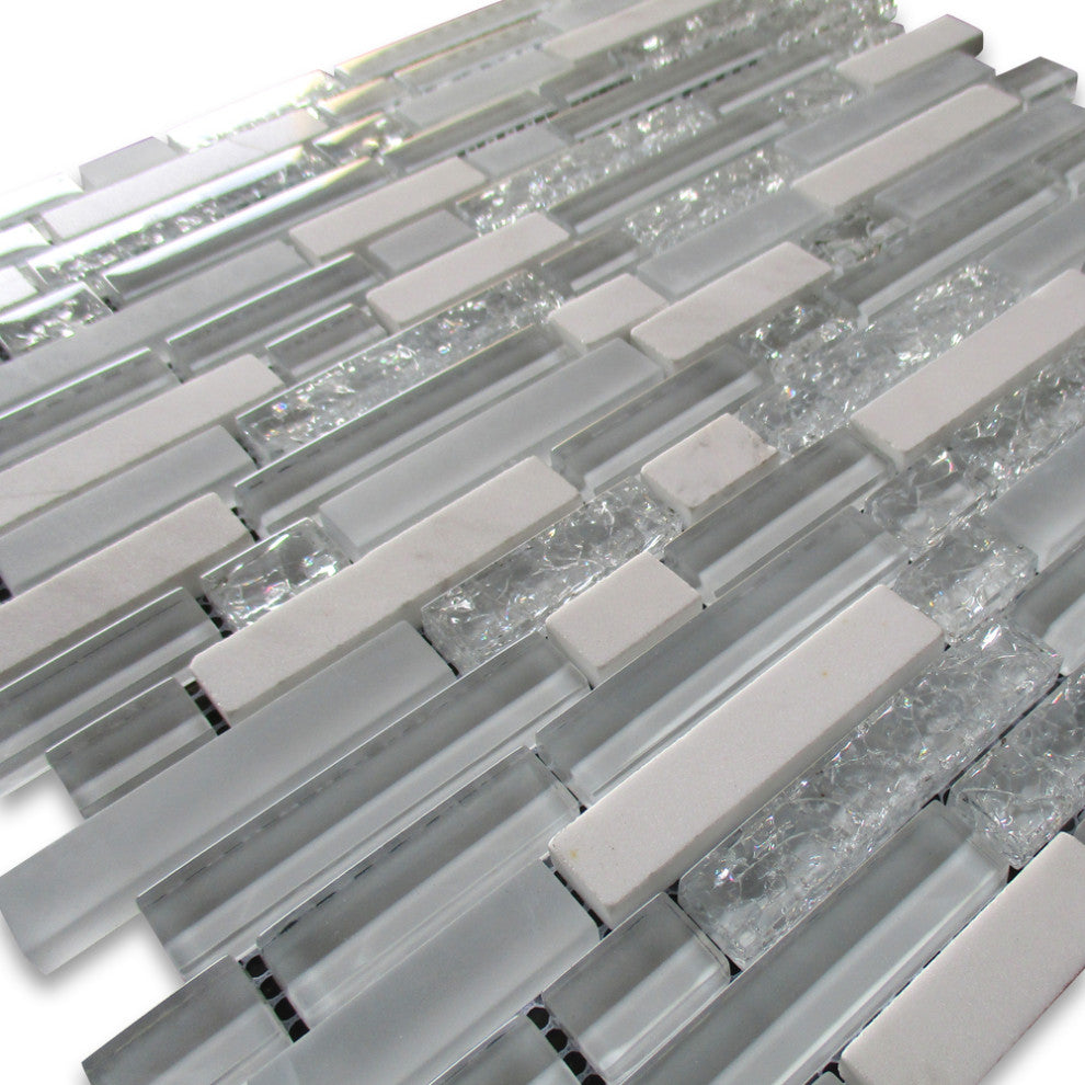 Glass Mosaic Tile White and Crackled Glass Mix White Marble Brick, 1 sheet