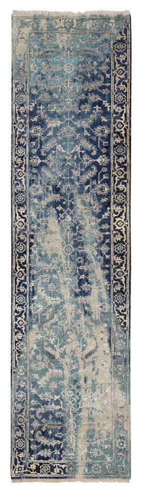 Blue/Teal Erased Wool And Silk Hand Knotted Broken Heriz Runner Rug, 2'7"x10'0"