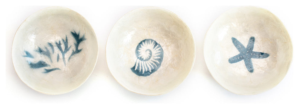 3.5" Round Capiz Bowl, Coral Design, Blue and Natural, Set of 2