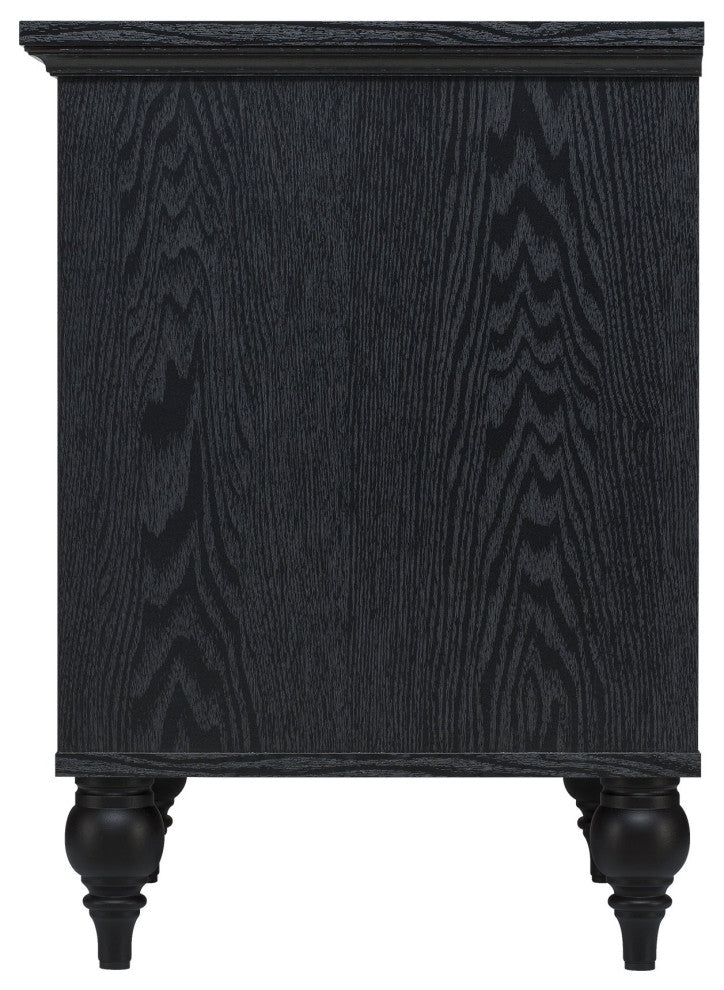 Transitional Coastal Nightstand, 2 Ample Drawers With Rattan Front, Black Finish