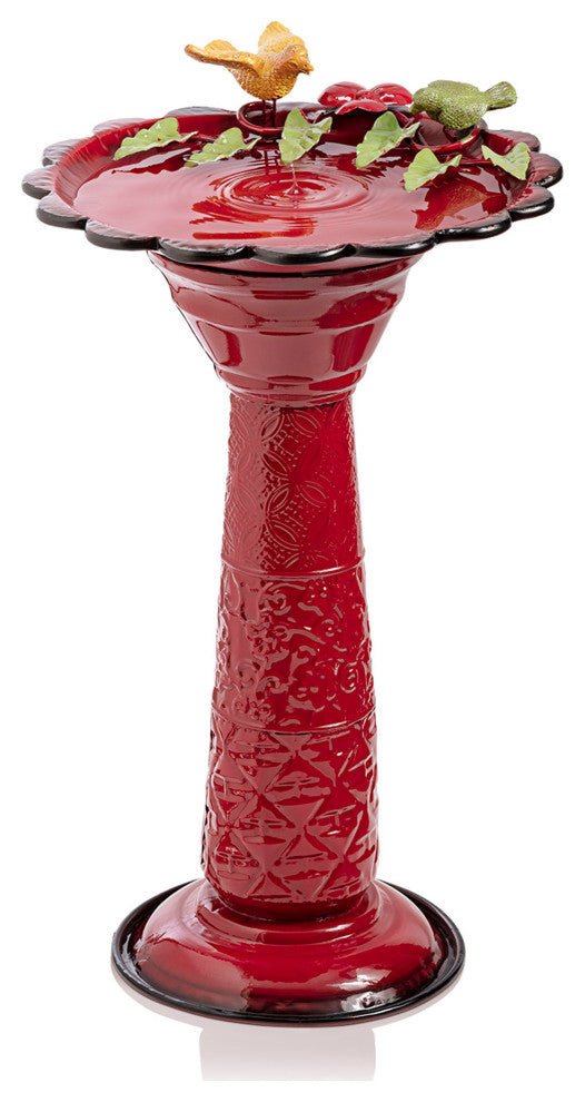 28" Tall Outdoor Metal Birdbath with Birds and Leaves Yard Statue, Red
