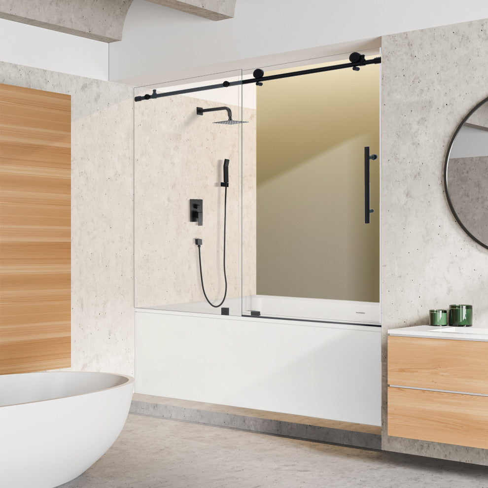 Lazaro Single Sliding Frameless Tub Door, Clear Glass, Matte Black, 60"wx58"h