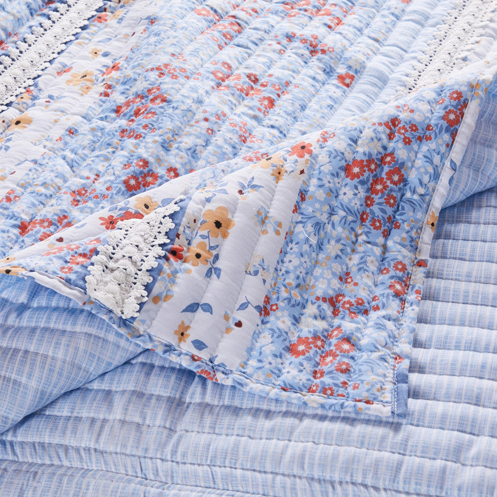 Benzara BM282009 Microfiber King Quilt Set, Floral Print, Lace Trim, Multicolor