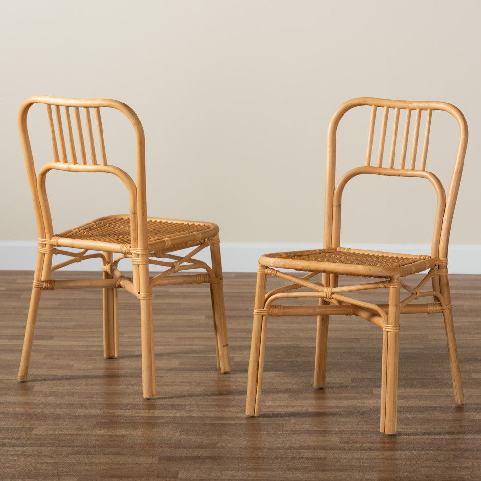 Ivora Modern Bohemian Natural Brown Rattan 2-Piece Dining Chair Set